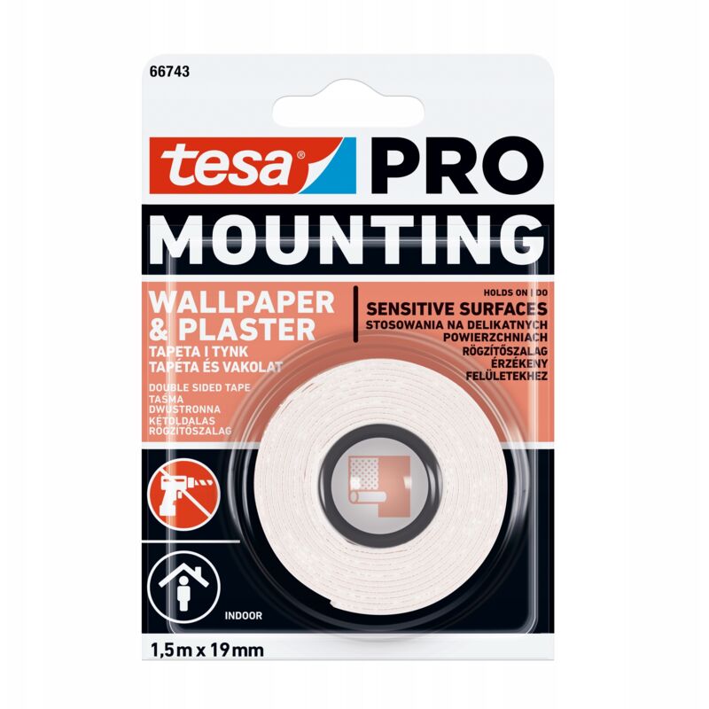 tesa PRO doppelseitiges Montageklebeband für Tapeten, 1,5 m