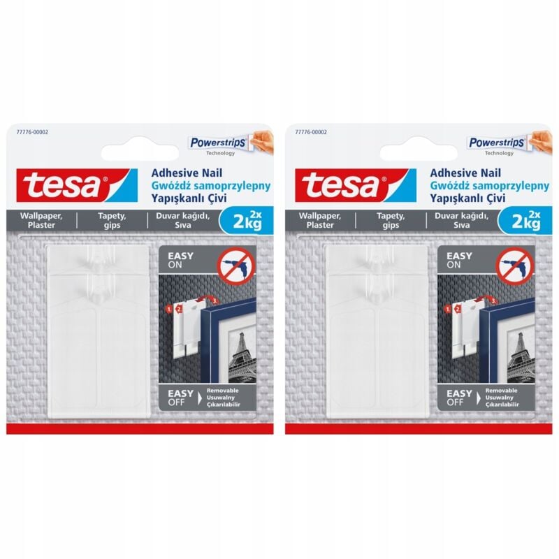 TESA Selbstklebende Nägel für Putz und Tapeten, weiß – Klebehaken, 2 kg, 2 Stück