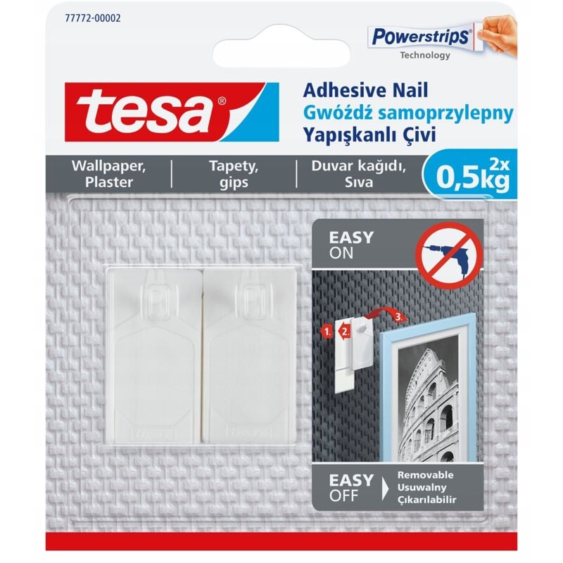 TESA Selbstklebender Nagel für Putz und Tapeten - Selbstklebende Haken 2 x 0,5 kg