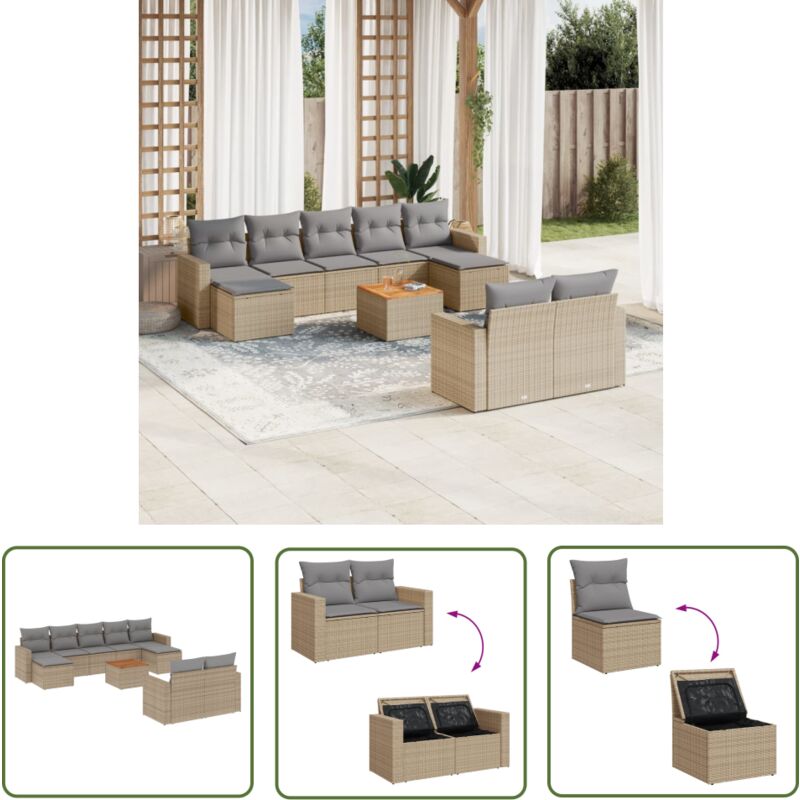 10-tlg. Garten-Sofagarnitur mit Kissen Beige Poly Rattan - Gartenmöbel - Lounge Set - Rattan Möbel - Outdoor Möbel - Gartenlounge - The Living Store