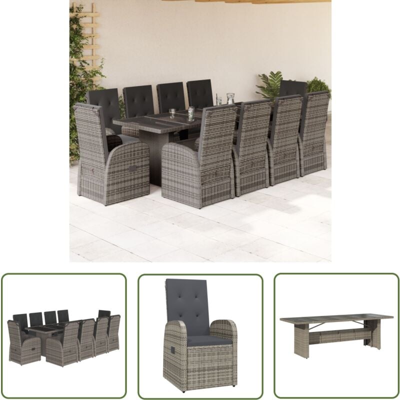 The Living Store 11-tlg. Garten-Essgruppe mit Kissen Grau Poly Rattan - Gartenmöbel - Essgruppe - Gartenset - Outdoor Möbel - Terrassenmöbel
