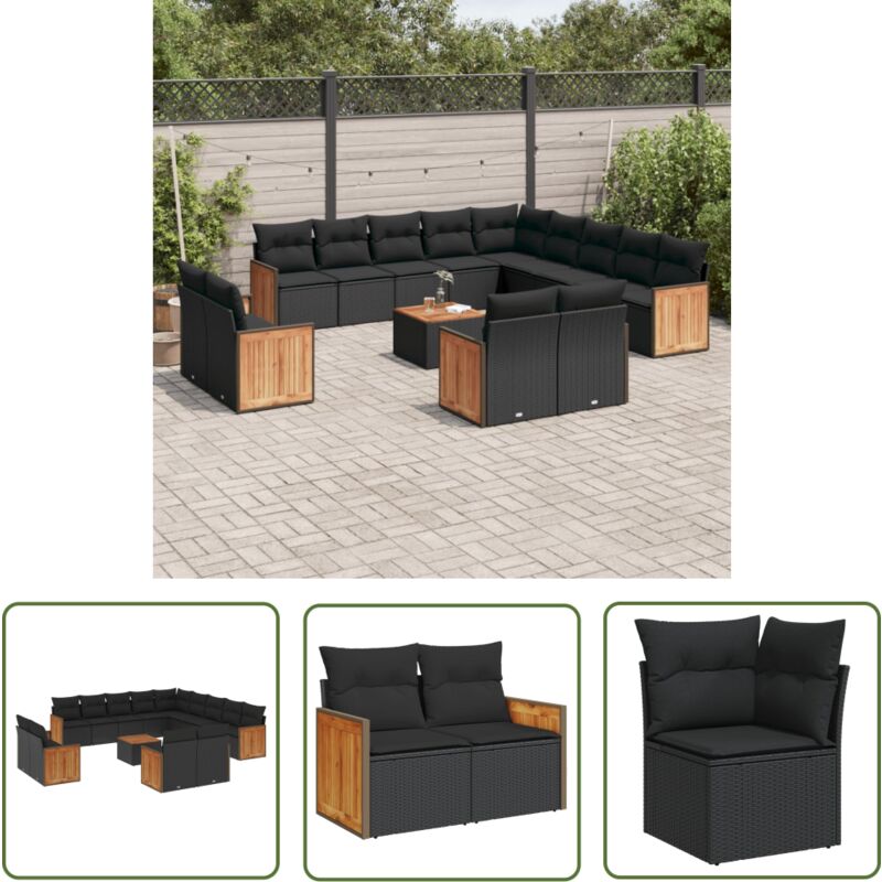 The Living Store 14-tlg. Garten-Sofagarnitur mit Kissen Schwarz Poly Rattan - Gartenmöbel Set - Rattan Möbel - Outdoor Möbel - Lounge Set - Esstisch