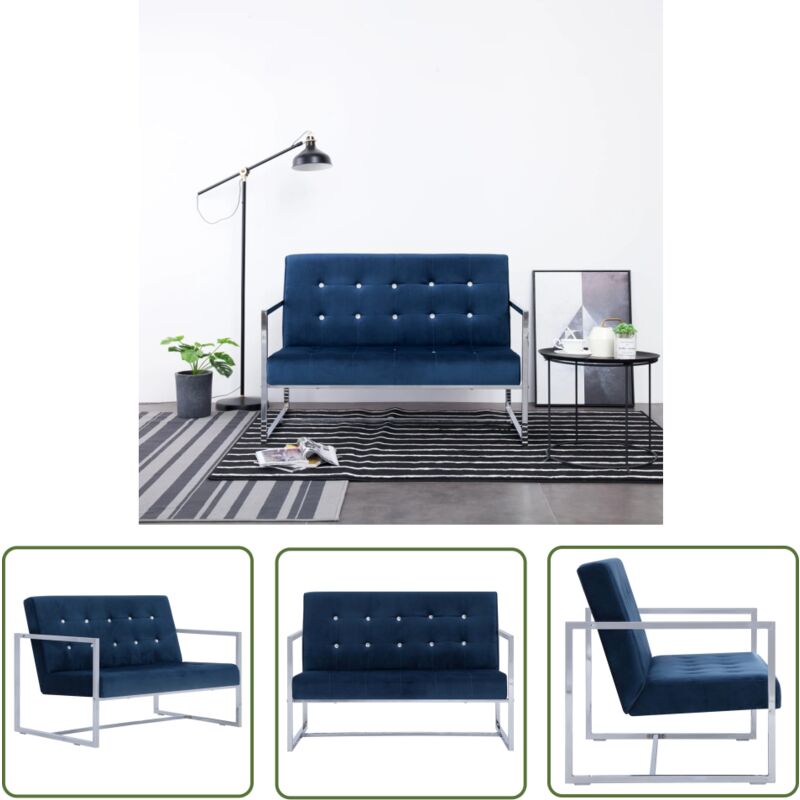 The Living Store - 2-Sitzer-Sofa mit Armlehnen Blau Chrom und Samt - 2-Sitzer Sofa - Couch Blau - Samtcouch - Modernes Sofa - Wohnzimmermöbel