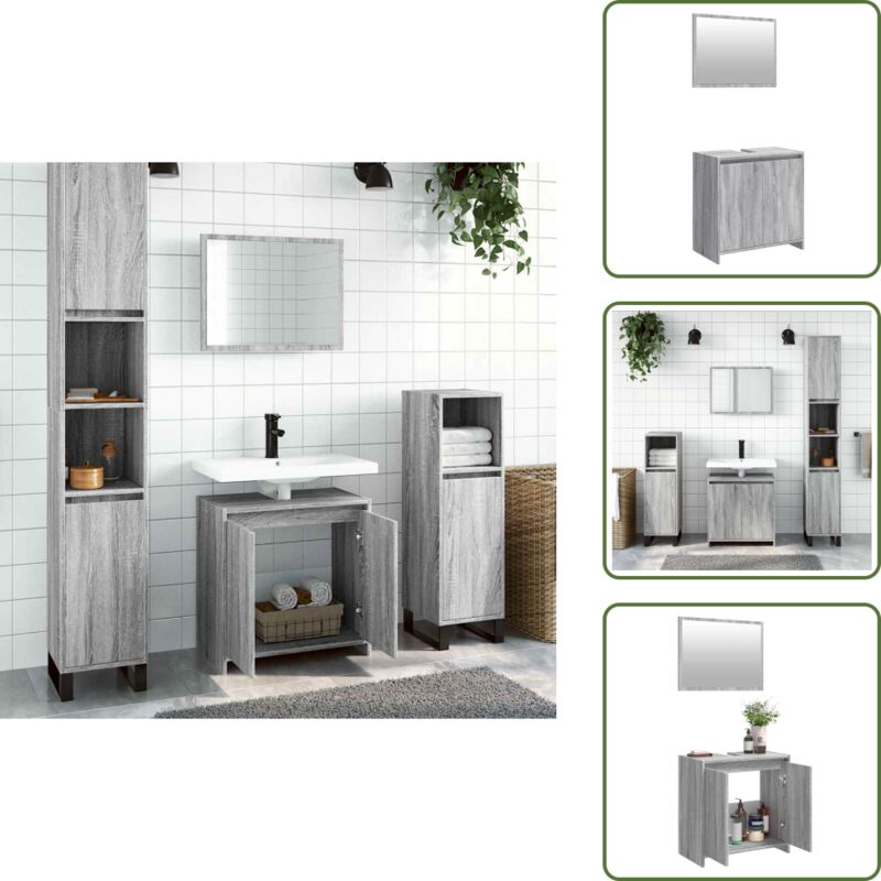 The Living Store - 2-tlg. Badmöbel-Set Grau Sonoma Holzwerkstoff - Badmöbel-Set - Badezimmermöbel - Holzwerkstoff - Grau Sonoma - Spiegel