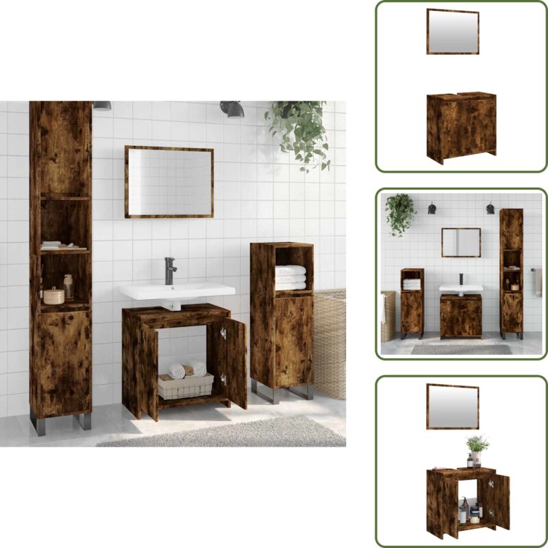 The Living Store - 2-tlg. Badmöbel-Set Räuchereiche Holzwerkstoff - Badmöbel-Set - Badezimmermöbel - Holzwerkstoff - Badschränke - Spiegel