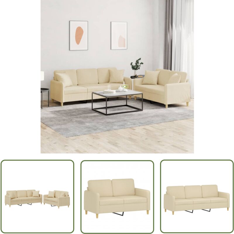 The Living Store 2-tlg. Sofagarnitur mit Kissen Creme Stoff - Couchgarnitur - Esszimmertisch - Wohnzimmersofa - Creme Sofa - Gemütliches Sofa