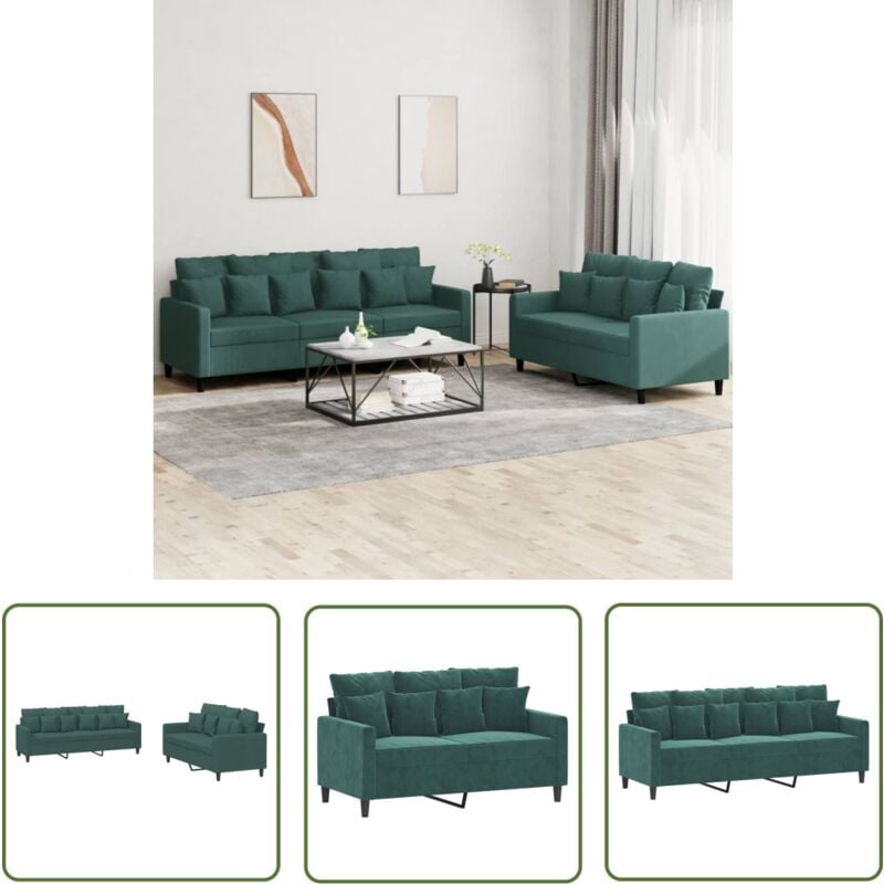The Living Store - 2-tlg. Sofagarnitur mit Kissen Dunkelgrün Samt - Samtsofa - Wohnlandschaft - Couchgarnitur - Dunkelgrünes Sofa - Gemütliches Sofa