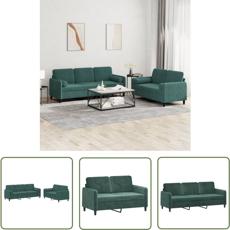 The Living Store - 2-tlg. Sofagarnitur mit Kissen Dunkelgrün Samt - Samtsofa - Wohnlandschaft - Couchgarnitur - Dunkelgrünes Sofa - 2er Sofa