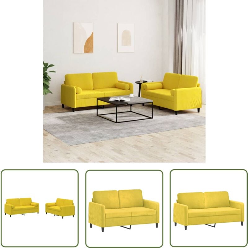 2-tlg. Sofagarnitur mit Kissen Gelb Samt - Samtsofa - Couchgarnitur - Wohnzimmersofa - Gelbes Sofa - Bequeme Couch - The Living Store