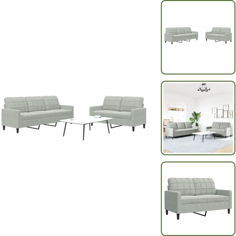 The Living Store - 2-tlg. Sofagarnitur mit Kissen Hellgrau Samt - Samtsofa - Wohnzimmersofa - Couchgarnitur - 2er Sofa - 3er Sofa