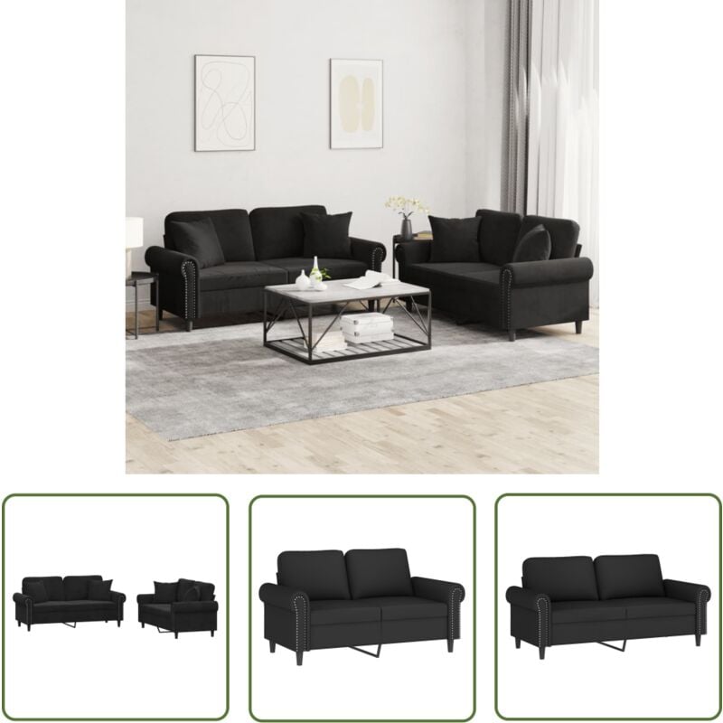 The Living Store - 2-tlg. Sofagarnitur mit Kissen Schwarz Samt - Samtsofa - Wohnlandschaft - Couchgarnitur - Schwarzes Sofa - Gemütliches Sofa
