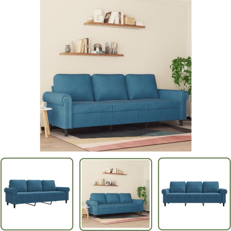 3-Sitzer-Sofa Blau 180 cm Samt - Samtsofa - 3-Sitzer Sofa - Wohnzimmersofa - Modernes Sofa - Blaues Sofa - The Living Store