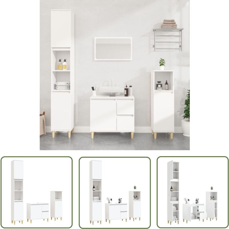 The Living Store - 3-tlg. Badmöbel-Set Weiß Holzwerkstoff - Badmöbel-Set - Waschtischunterschrank - Badezimmermöbel - Holzschränke - Weißer Schrank