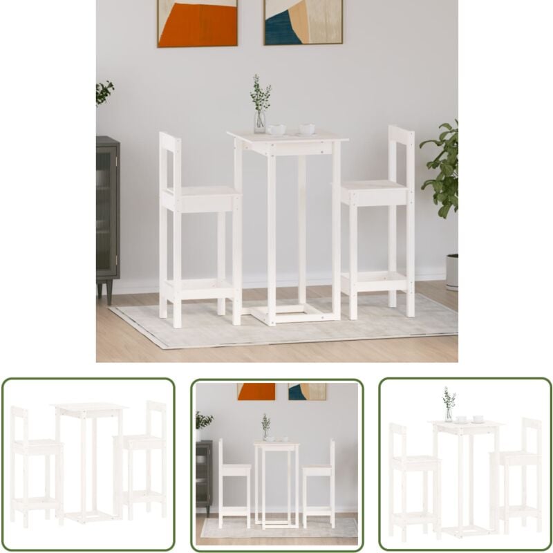 The Living Store 3-tlg. Bar-Set Weiß Massivholz Kiefer - Holz Bar Set - Bartisch Weiß - Kiefernholz - Kücheninsel - Essbereich