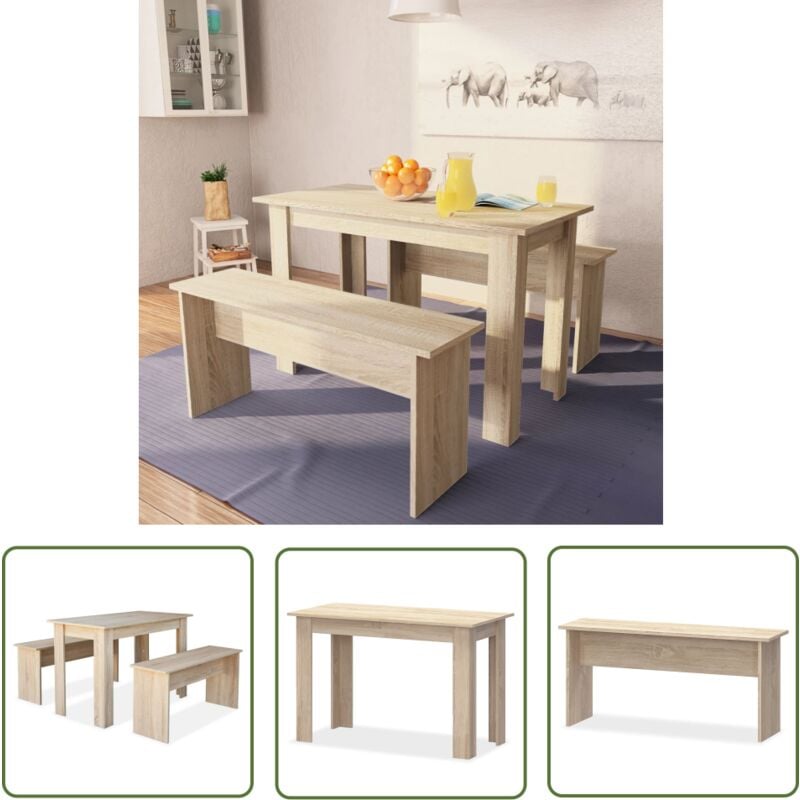 3-tlg. Essgruppe Tisch und Bänke Holzwerkstoff Eiche - Essgruppe - Esszimmerset - Holztisch - Holzküche - Küchenstuhl - The Living Store