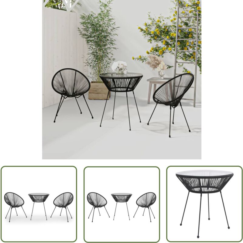3-tlg. Garten-Essgruppe pvc Rattan Schwarz - Gartensessel - Gartentisch - Rattan Gartenmöbel - Outdoor Essgruppe - Gartenparty - The Living Store