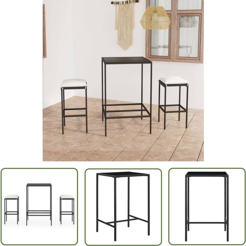 3-tlg. Gartenbar-Set mit Kissen Poly Rattan Schwarz - Outdoor Möbel - Gartenbar Set - Gartentisch - Gartenstühle - Rattan Möbel - The Living Store
