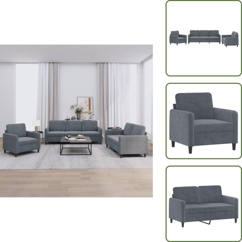 The Living Store 3-tlg. Sofagarnitur Dunkelgrau Samt - Samtsofa - Wohnlandschaft - Couchgarnitur - Esszimmertisch - Lounge Möbel