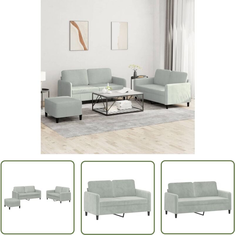 The Living Store - 3-tlg. Sofagarnitur Hellgrau Samt - Samtsofa - Couchgarnitur - Couchtisch - Wohnzimmer Dekoration - Gemütliches Sofa