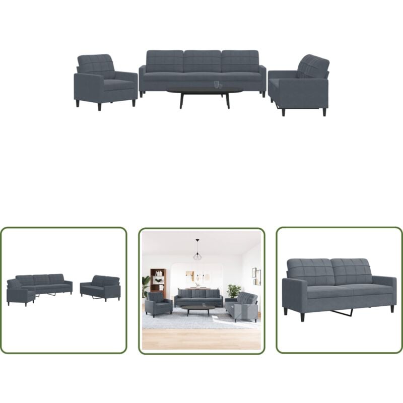 The Living Store 3-tlg. Sofagarnitur mit Kissen Dunkelgrau Samt - Samtsofa - Wohnlandschaft - Couchgarnitur - Grau Sofa - Lounge Möbel