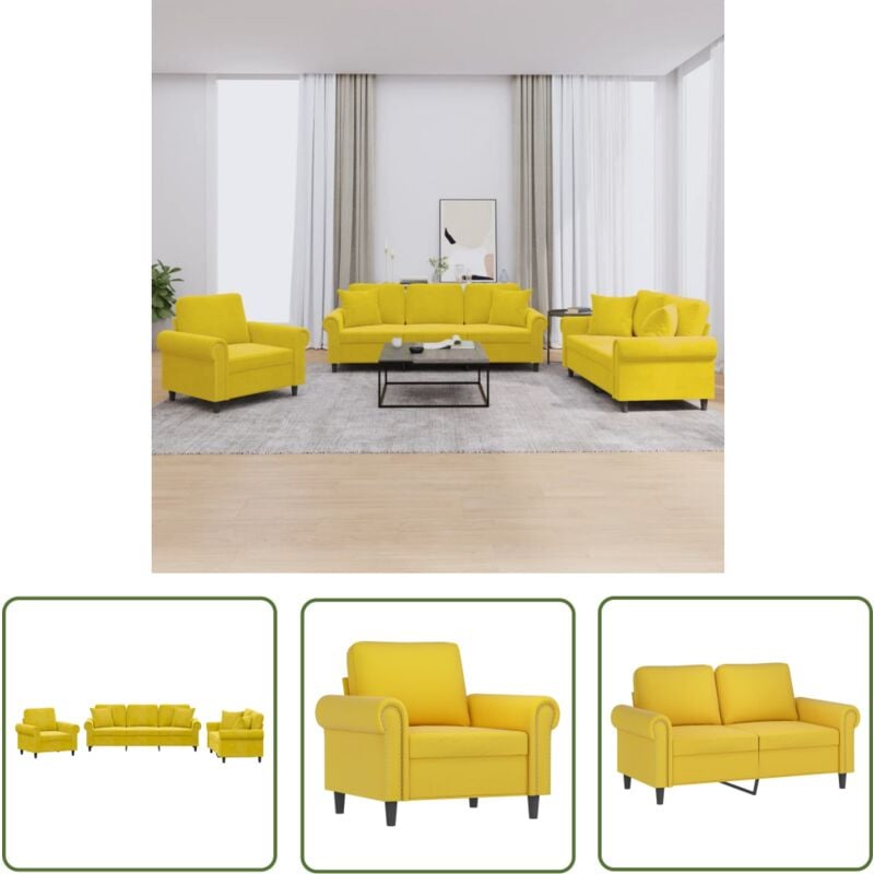 3-tlg. Sofagarnitur mit Kissen Gelb Samt - Samtsofa - Couchgarnitur - Wohnlandschaft - Gelbes Sofa - Lounge Möbel - The Living Store
