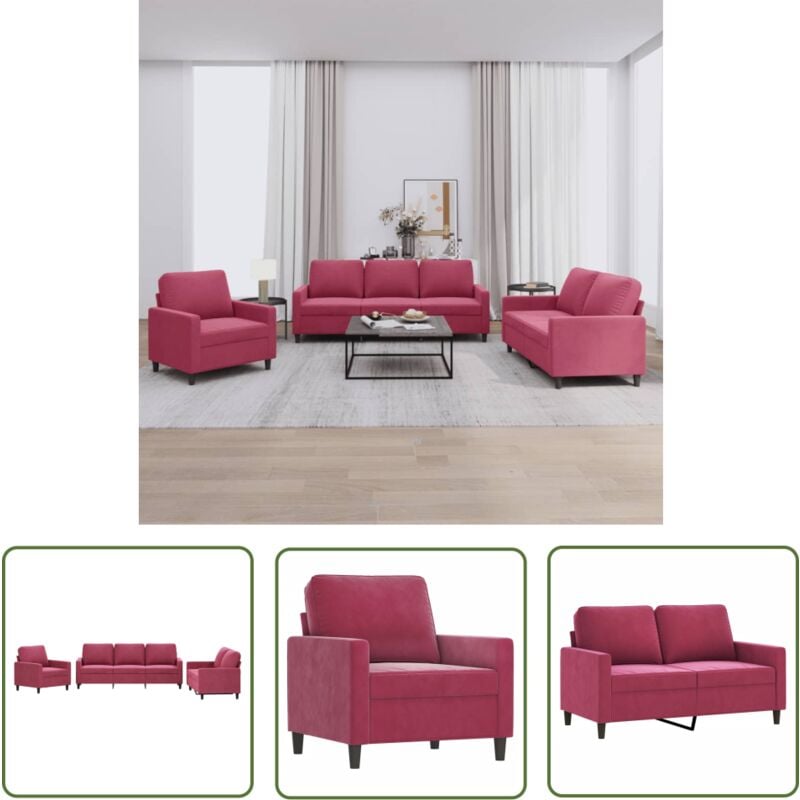 The Living Store - 3-tlg. Sofagarnitur mit Kissen Weinrot Samt - Samtsofa - Wohnlandschaft - Couchgarnitur - Lounge Möbel - Gemütliches Sofa