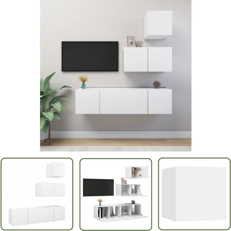 The Living Store 4-tlg. TV-Schrank-Set Weiß Holzwerkstoff - TV-Schrank - Hängender TV-Schrank - Wohnzimmermöbel - Regal - Fernsehregal
