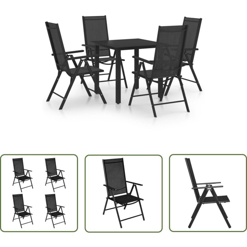 5-tlg. Garten-Essgruppe Aluminium Schwarz - Gartensessel - Esstisch - Gartenmöbel Set - Alu Gartenmöbel - Outdoor Möbel - The Living Store