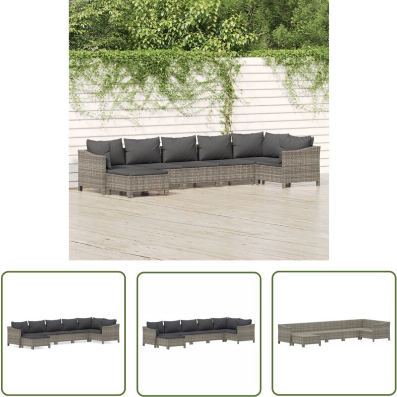 7-tlg. Garten-Lounge-Set mit Kissen Grau Poly Rattan - Gartenloungeset - Outdoor Möbel - Loungemöbel - Rattan Gartenmöbel - Gartenmöbel Set - The