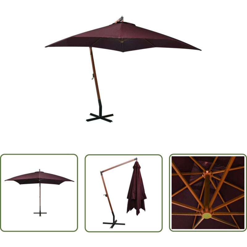 The Living Store - Ampelschirm mit Mast Bordeauxrot 3x3 m Massivholz Tanne - Sonnenschirm - Gartenschirm - Holzschirm - Markise - Außenbereich