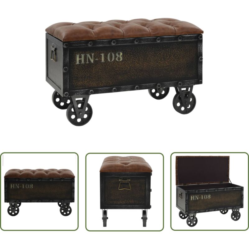 The Living Store - Aufbewahrungsbank Massivholz Kunstleder 80,5x41x50 cm - Aufbewahrungsbank - Reisekoffer Design - Vintage Möbel - Holzbank