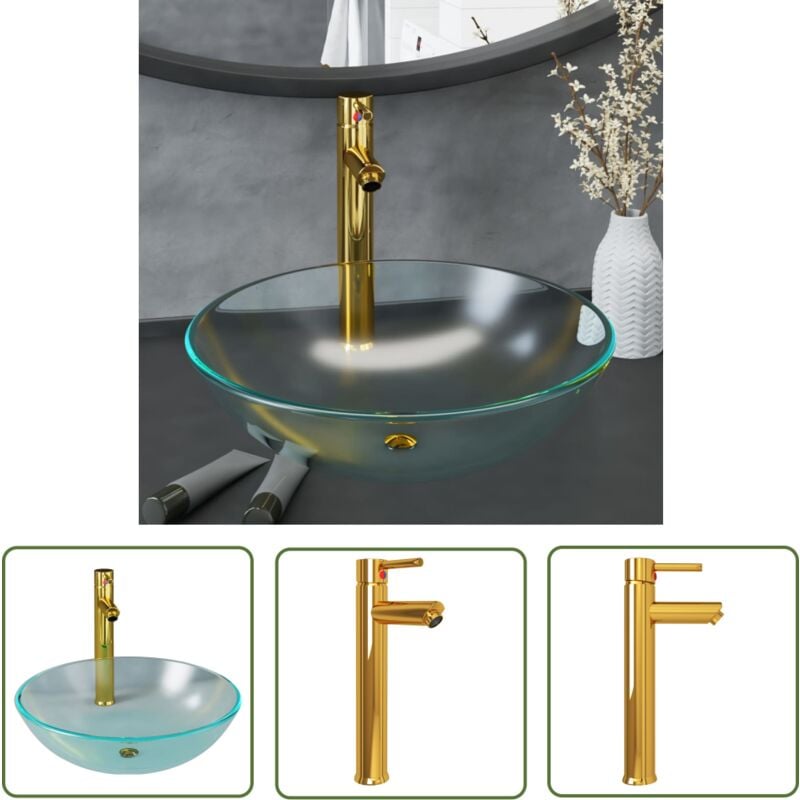 The Living Store Badezimmer Waschbecken Wasserhahn Ablaufgarnitur aus mattiertem - Rundes Waschbecken - Glas Waschbecken - Designer Waschbecken