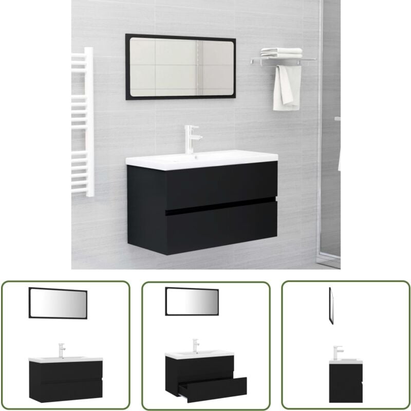 The Living Store Badmöbel-Set Schwarz Holzwerkstoff - Badezimmersatz - Badmöbel - Schreibtisch - Spiegelschrank - Waschtrog