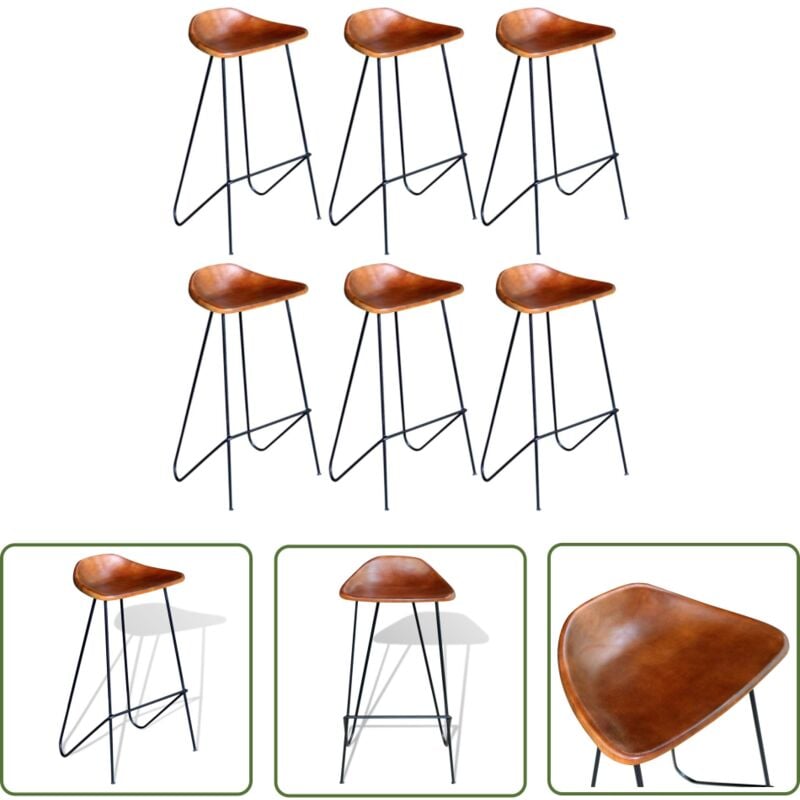 Barhocker 6 Stk. Braun Echtleder - Lederbarhocker - Barhocker Set - Industrielles Möbel - Esszimmerstühle - Wohnzimmerdeko - The Living Store
