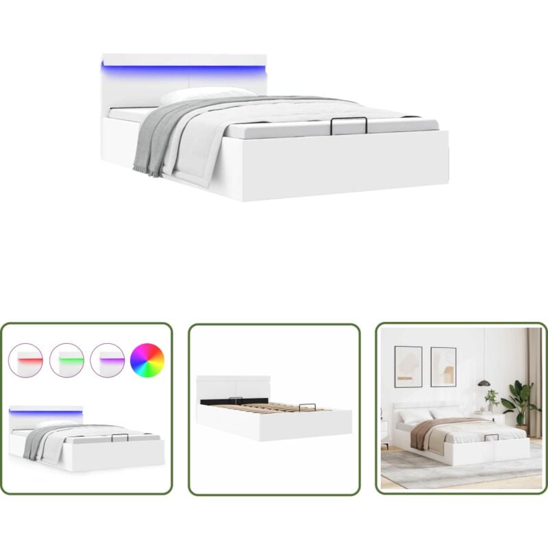 The Living Store - Bett mit Bettkasten Hydraulisch led Weiß Kunstleder 140x200 cm - Doppelbett - Stauraumbett - Kunstlederbett - Weißes Bett
