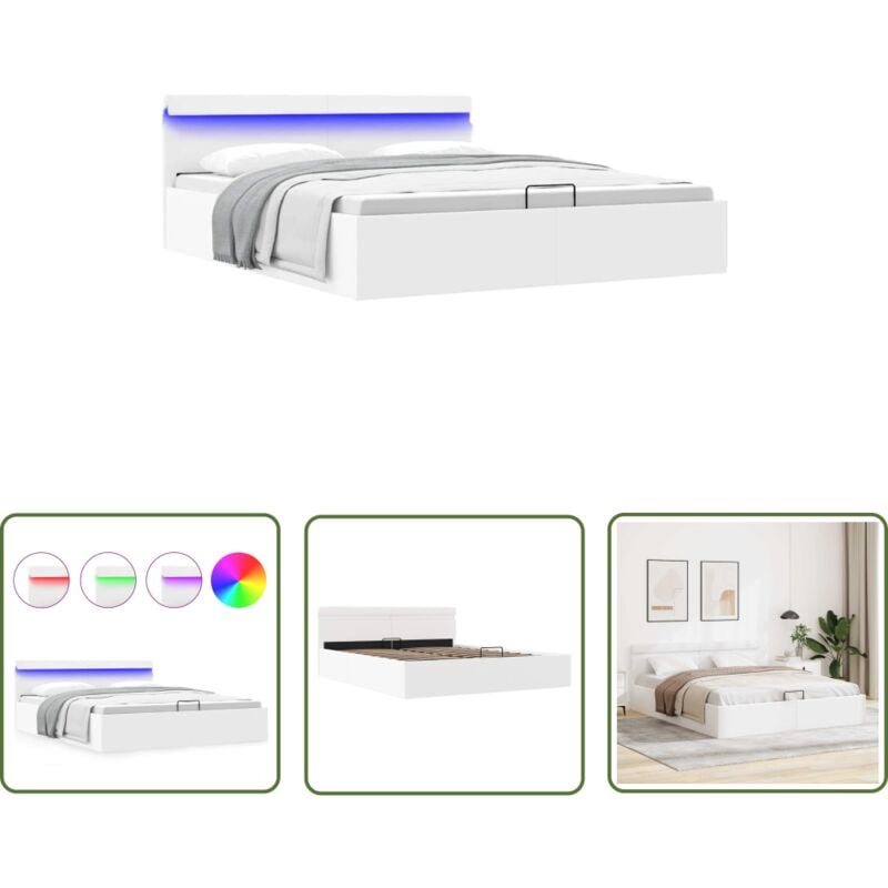 The Living Store - Bett mit Bettkasten Hydraulisch led Weiß Kunstleder 180x200 cm - Doppelbett - Stauraumbett - Kunstlederbett - LED-Bett - Weißes