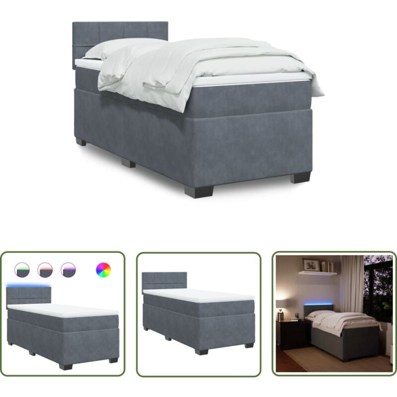 The Living Store - Boxspringbett mit Matratze Dunkelgrau 100x200 cm Samt - Boxspringbett - Doppelbett - Samtbett - Betten Mit Beleuchtung - LED-Bett