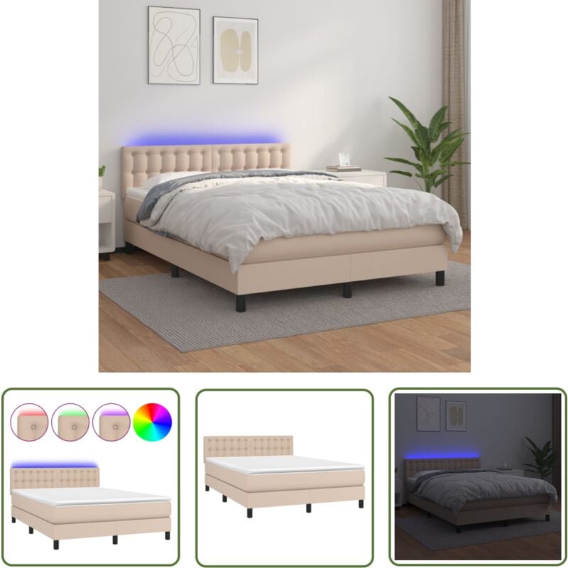 Boxspringbett mit Matratze & led Cappuccino-Braun 140x200cm - Boxspringbett - Doppelbett - Lederbett - Bettenrahmen - Schlafsystem - The Living Store