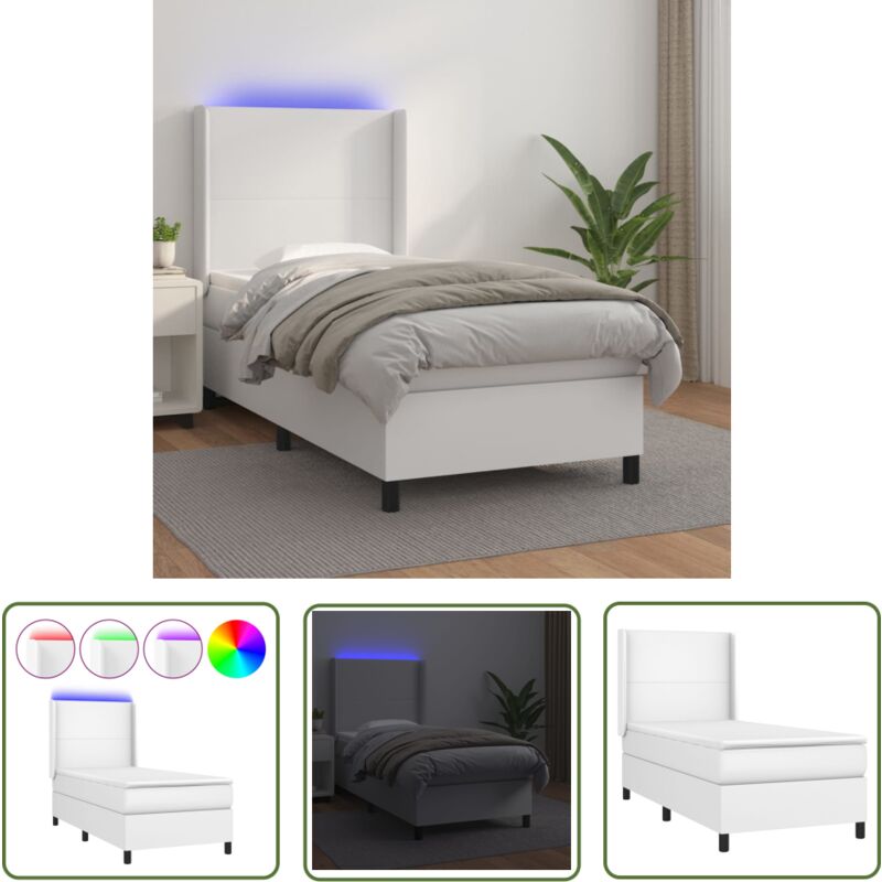 The Living Store Boxspringbett mit Matratze & LED Weiß 90x200 cm Kunstleder - Boxspringbett - Doppelbett - Bettenrahmen - Lederbettwäsche - Luxusbett