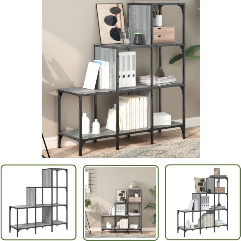 The Living Store - Bücherregal Grau Sonoma 92x30x102 cm Holzwerkstoff und Metall - Bucherregal - Regal - Treppenregal - Stufenregal
