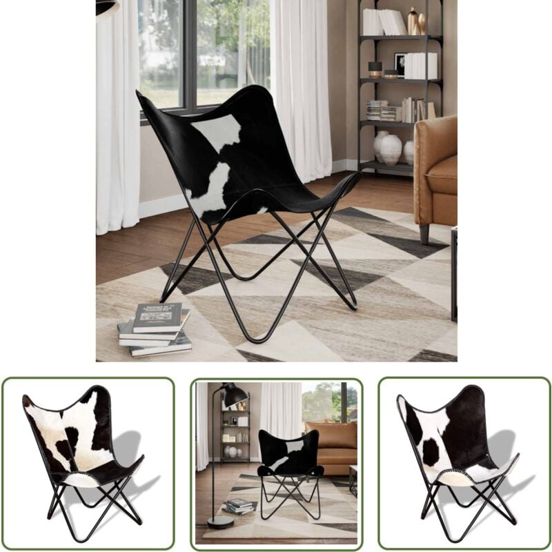 The Living Store Butterfly-Sessel Schwarz und Weiß Echtes Kuhfell - Butterfly Sessel - Vintage Sessel - Ledersessel - Designerstuhl - Lounge Sessel