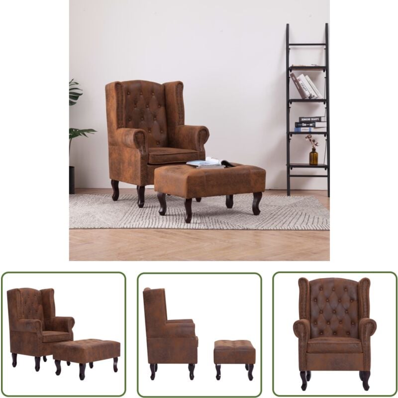 Chesterfield-Sessel und Fußhocker Braun Wildleder-Optik - Chesterfield Sessel - Leder Optik Sessel - Wohnraum Dekoration - Bequemes Sofa - Wildleder