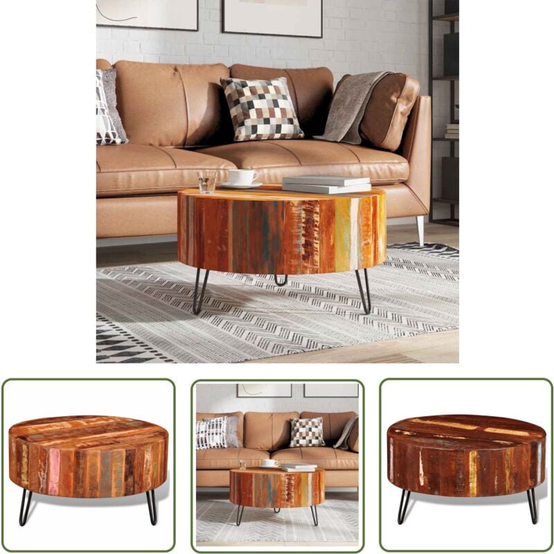 Couchtisch Altholz Massiv Rund - Couchtisch - Esszimmertisch - Wohnzimmerstil - Retro Design - Holzmöbel - The Living Store
