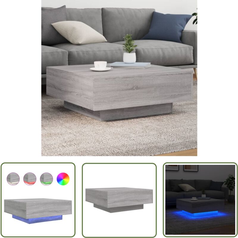 The Living Store - Couchtisch mit LED-Leuchten Grau Sonoma 80x80x31 cm - Couchtisch - Wohnzimmerstil - Holzwerkstoff Möbel - led Beleuchtung - Grauer