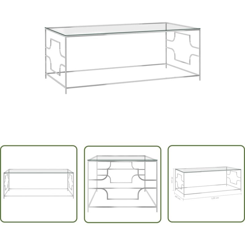 The Living Store - Couchtisch Silbern 120x60x45 cm Edelstahl und Glas - Esszimmertisch - Couchtisch - Glastisch - Edelstahltisch - Moderner Couchtisch