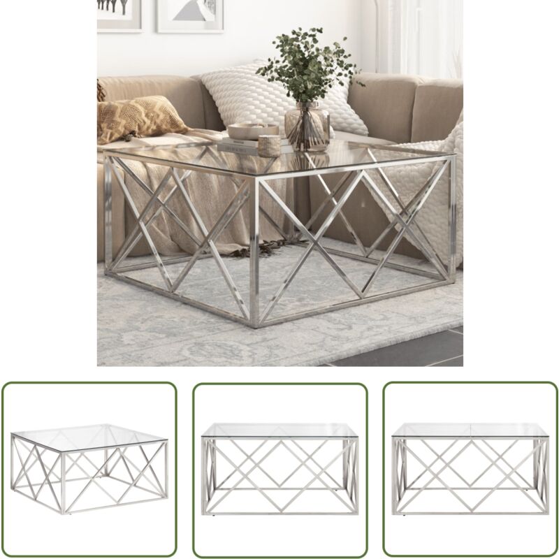 Couchtisch Silbern Edelstahl und Hartglas - Esszimmertisch - Couchtisch - Wohnzimmertisch - Glastisch - Metalltisch - The Living Store