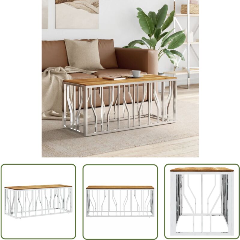 The Living Store - Couchtisch Silbern Edelstahl und Massivholz Akazie - Esszimmertisch - Couchtisch - Wohnzimmertisch - Holztisch - Metalltisch