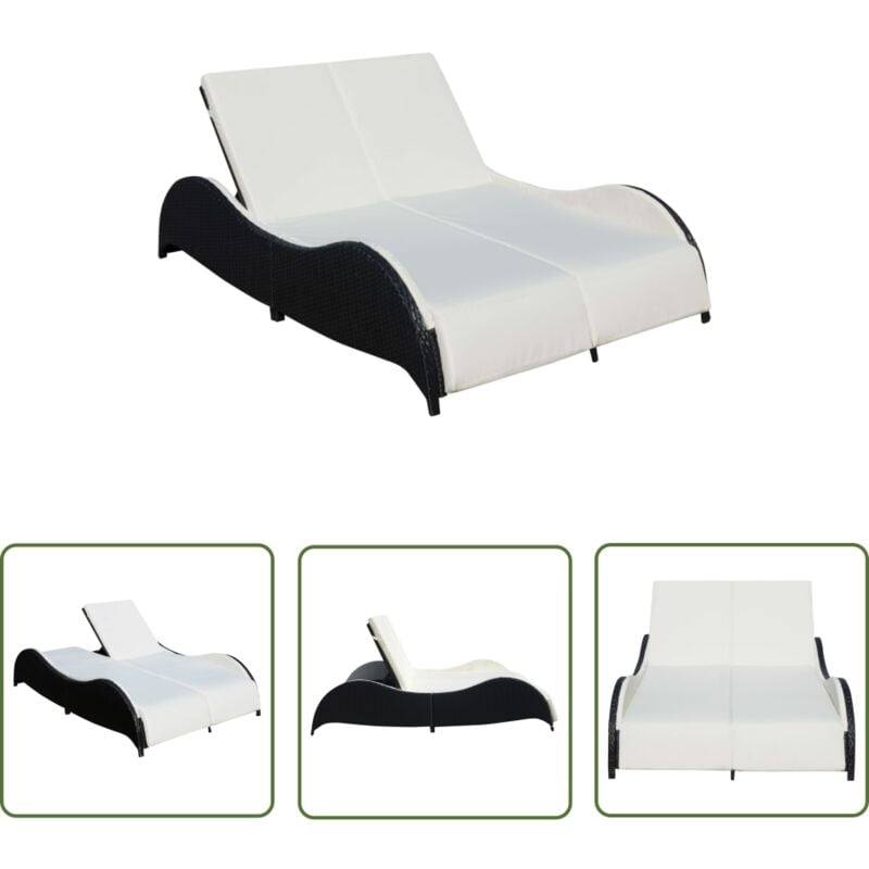 Doppel-Sonnenliege mit Auflage Poly Rattan Schwarz - Gartenmöbel - Sonnenliege - Rattan Möbel - Outdoor Möbel - Pool Lounge Chair - The Living Store