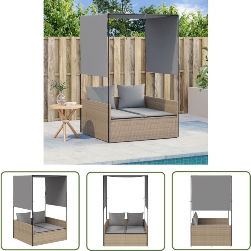 Doppel-Sonnenliege mit Dach und Vorhängen Beige Poly Rattan - Doppel-Sonnenliege - Gartenliege - Lounge Möbel - Outdoor Möbel - Sonnenschirm - The