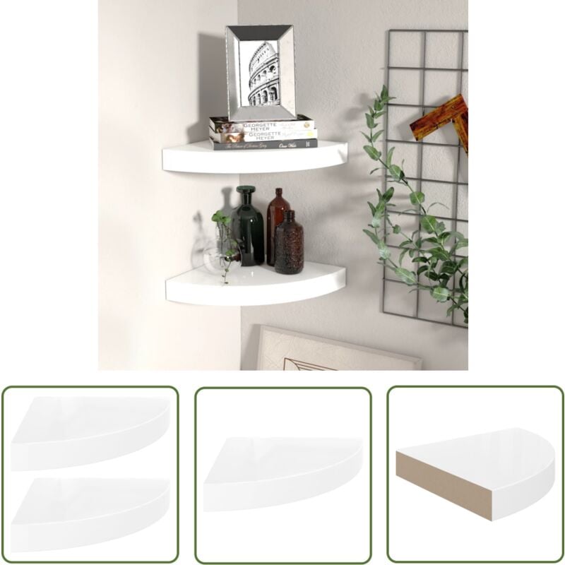 Eck-Schweberegale 2 Stk. Hochglanz-Weiß 25x25x3,8 cm mdf - Eckregal - Wandregal - Schwebender Wandregal - Regal Weiß - Wohnwandregal - The Living